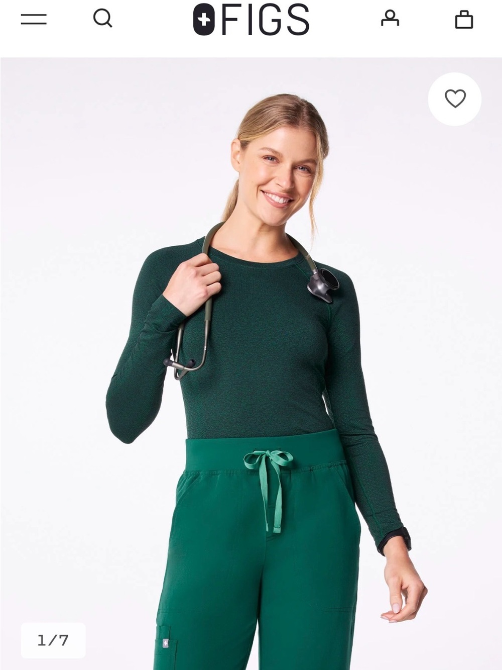 FIGS Women's Dark Green Long Sleeve Crew Neck Top